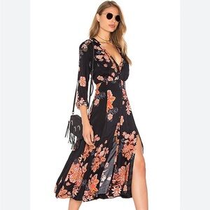 Free People Bohemian Witchy Gypsy Miranda Black/Orange Midi Dress Button Front 2